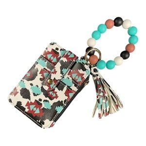 New Tribal Print Wallet Wristlet with Beaded Bracelet Keychain and Tassel